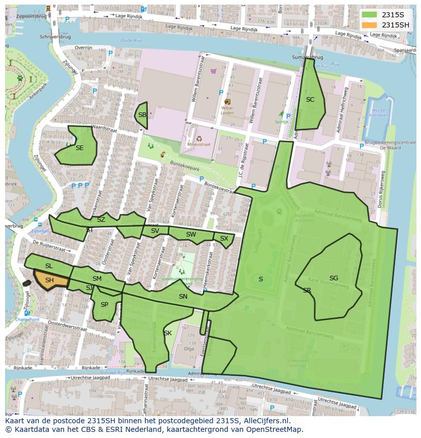 Afbeelding van het postcodegebied 2315 SH op de kaart.