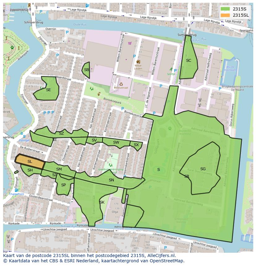 Afbeelding van het postcodegebied 2315 SL op de kaart.