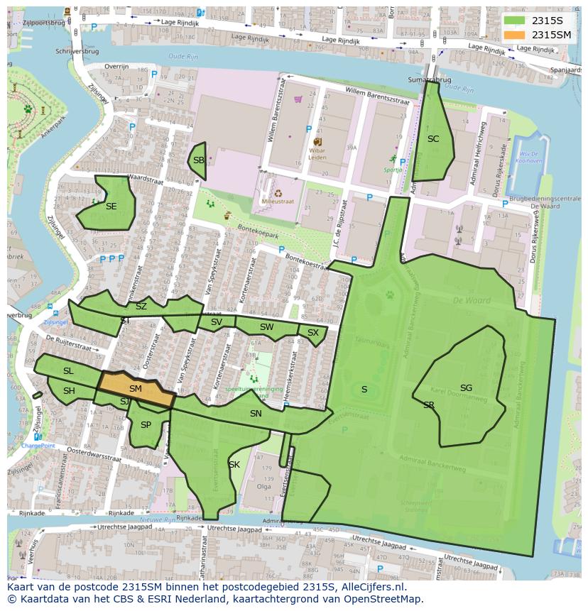 Afbeelding van het postcodegebied 2315 SM op de kaart.