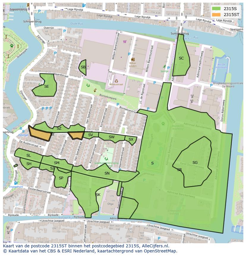 Afbeelding van het postcodegebied 2315 ST op de kaart.