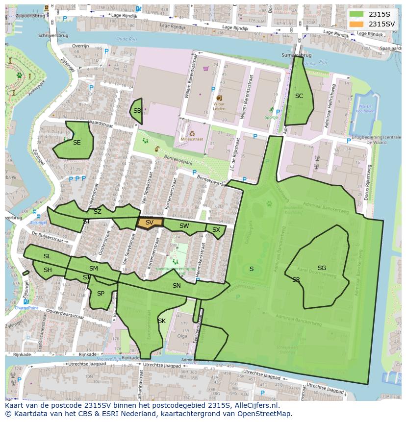 Afbeelding van het postcodegebied 2315 SV op de kaart.