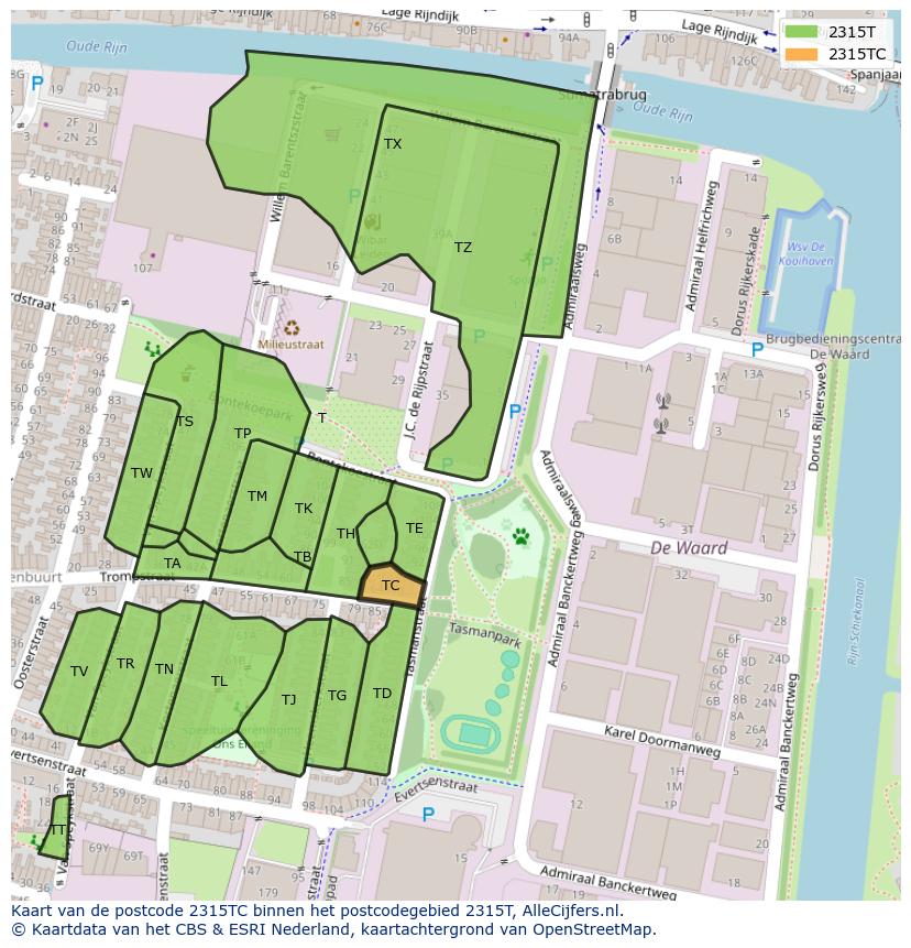 Afbeelding van het postcodegebied 2315 TC op de kaart.