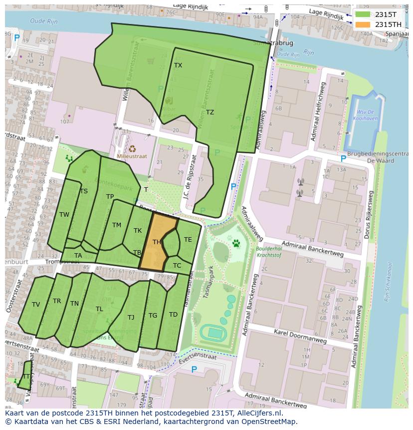 Afbeelding van het postcodegebied 2315 TH op de kaart.