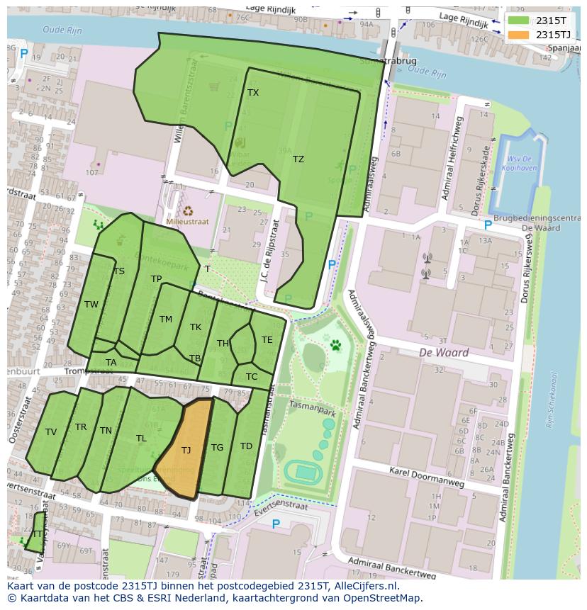 Afbeelding van het postcodegebied 2315 TJ op de kaart.