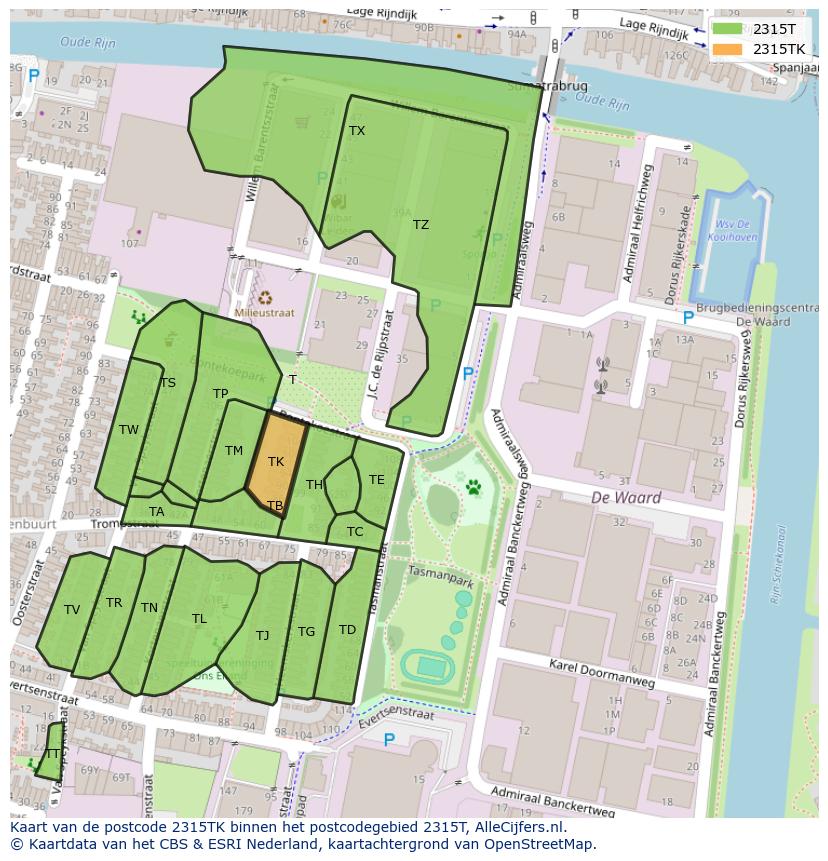 Afbeelding van het postcodegebied 2315 TK op de kaart.