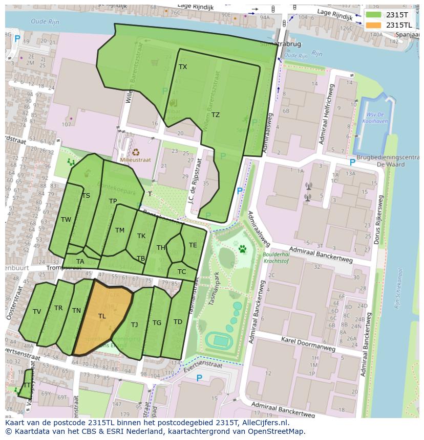 Afbeelding van het postcodegebied 2315 TL op de kaart.