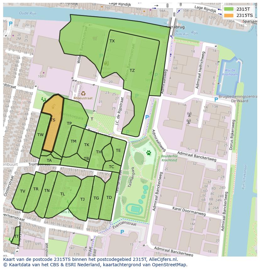 Afbeelding van het postcodegebied 2315 TS op de kaart.