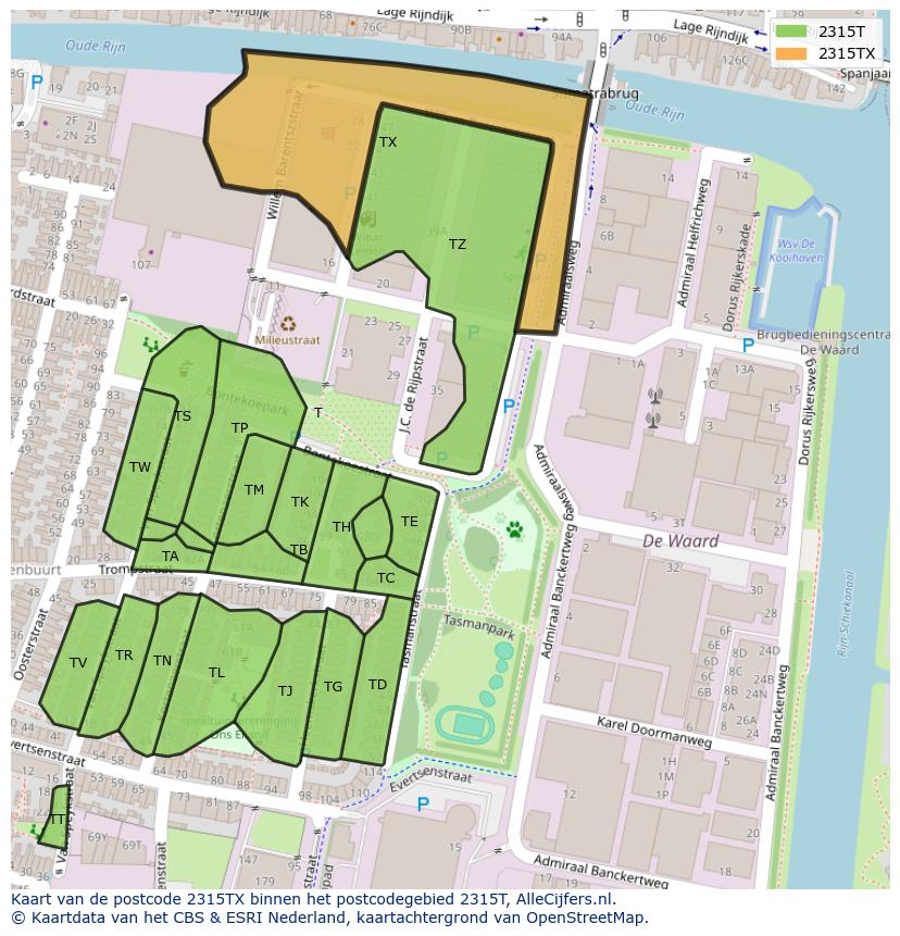 Afbeelding van het postcodegebied 2315 TX op de kaart.