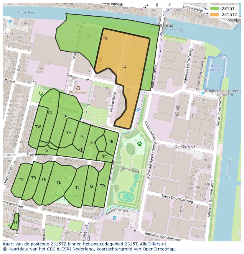 Afbeelding van het postcodegebied 2315 TZ op de kaart.