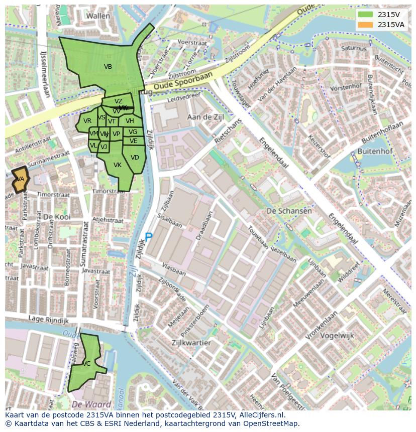 Afbeelding van het postcodegebied 2315 VA op de kaart.
