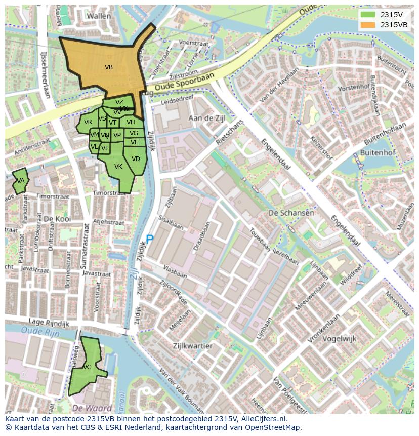 Afbeelding van het postcodegebied 2315 VB op de kaart.