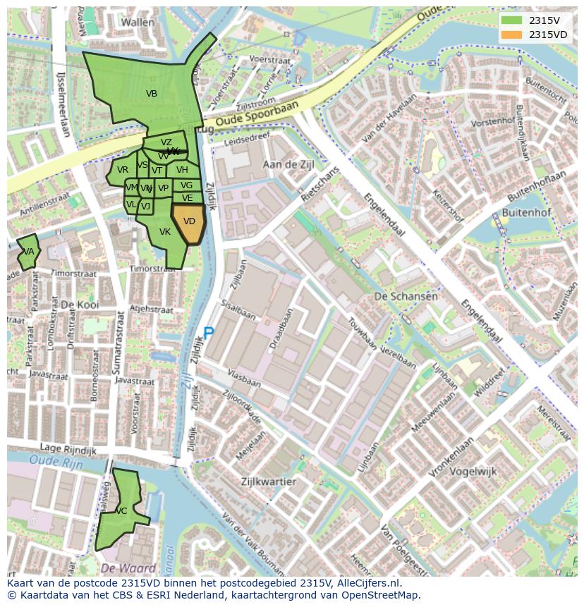 Afbeelding van het postcodegebied 2315 VD op de kaart.