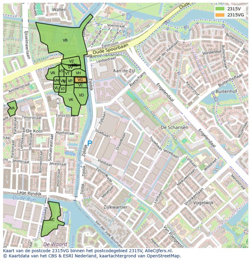 Afbeelding van het postcodegebied 2315 VG op de kaart.