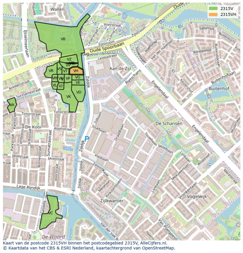 Afbeelding van het postcodegebied 2315 VH op de kaart.