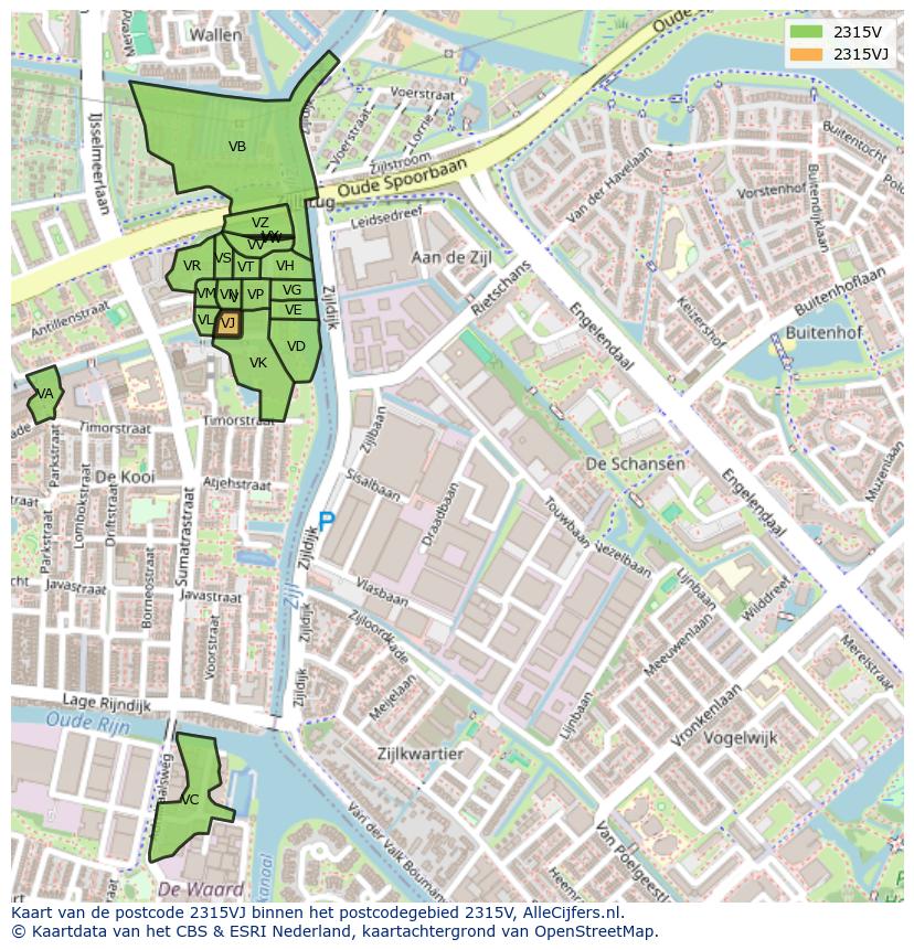 Afbeelding van het postcodegebied 2315 VJ op de kaart.
