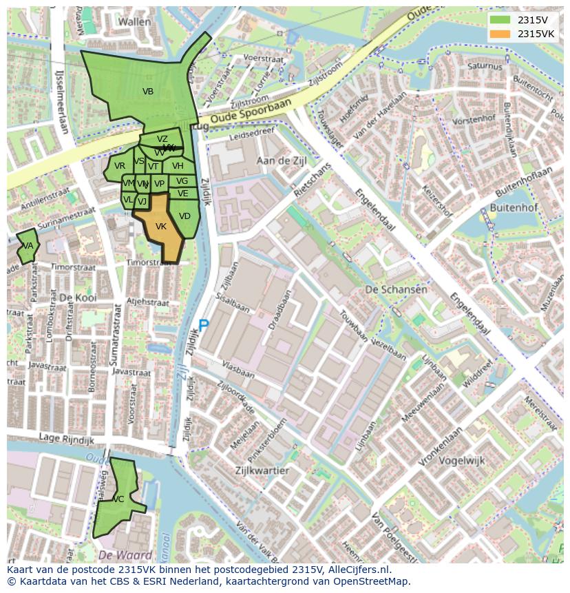 Afbeelding van het postcodegebied 2315 VK op de kaart.