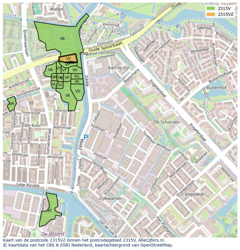 Afbeelding van het postcodegebied 2315 VZ op de kaart.