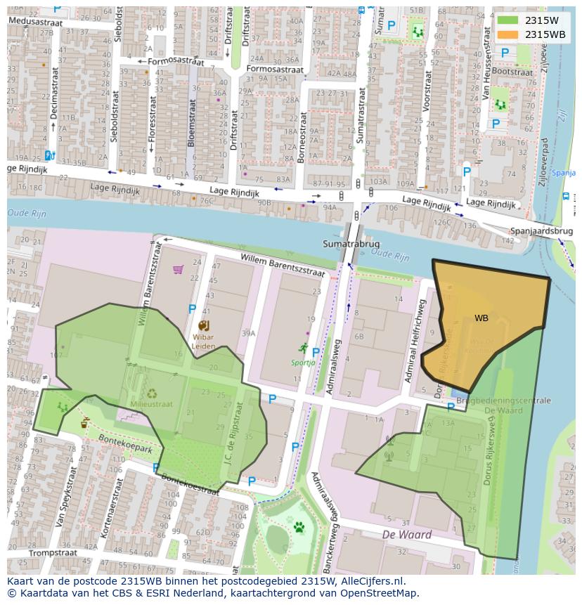 Afbeelding van het postcodegebied 2315 WB op de kaart.