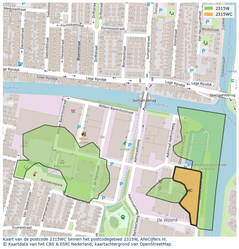 Afbeelding van het postcodegebied 2315 WC op de kaart.