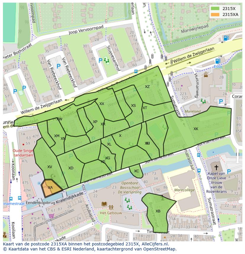 Afbeelding van het postcodegebied 2315 XA op de kaart.