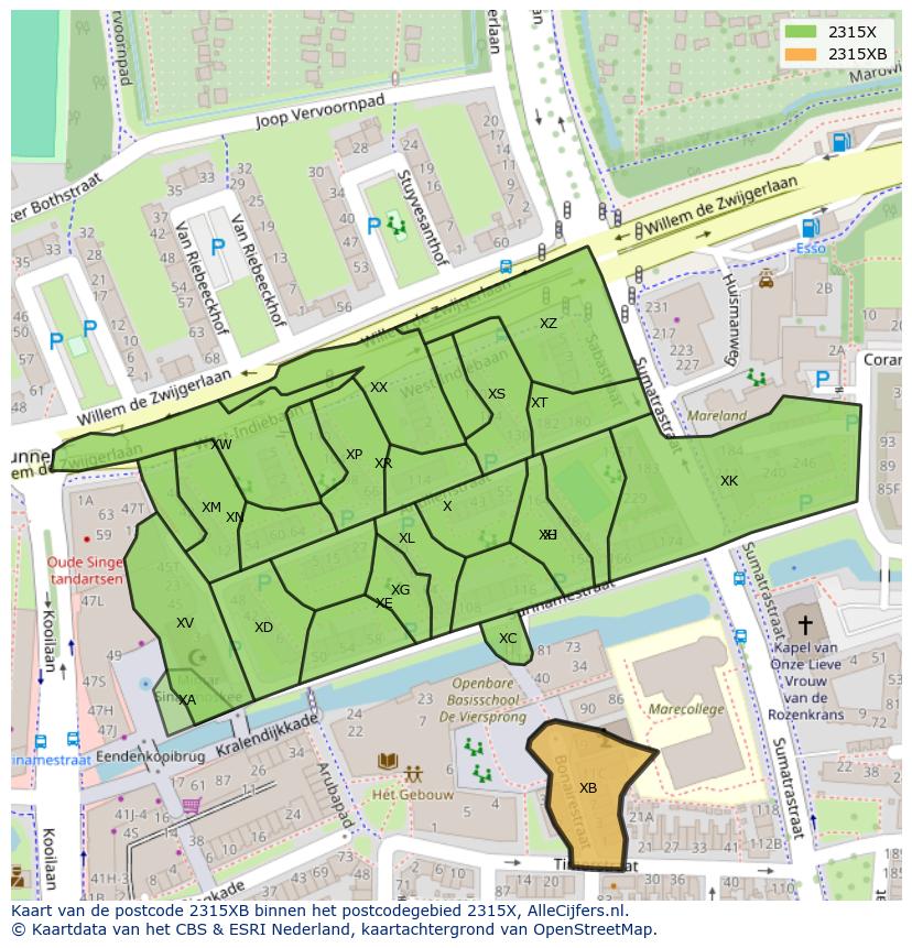 Afbeelding van het postcodegebied 2315 XB op de kaart.