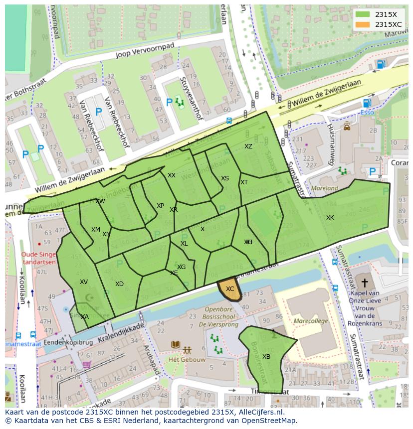 Afbeelding van het postcodegebied 2315 XC op de kaart.