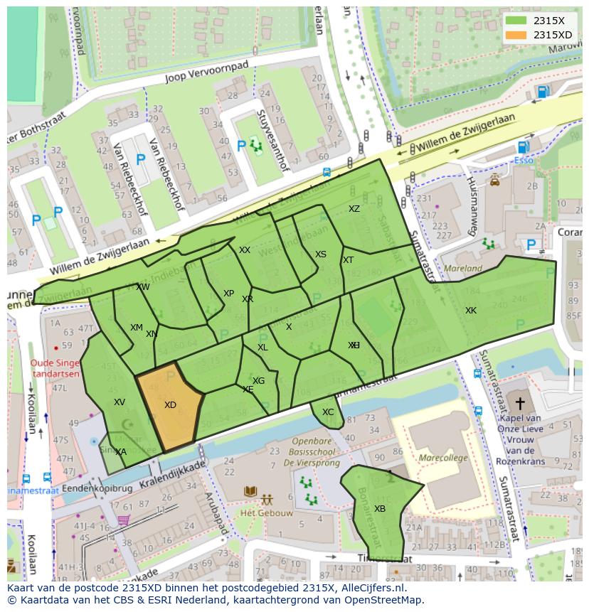 Afbeelding van het postcodegebied 2315 XD op de kaart.