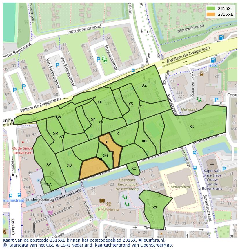 Afbeelding van het postcodegebied 2315 XE op de kaart.