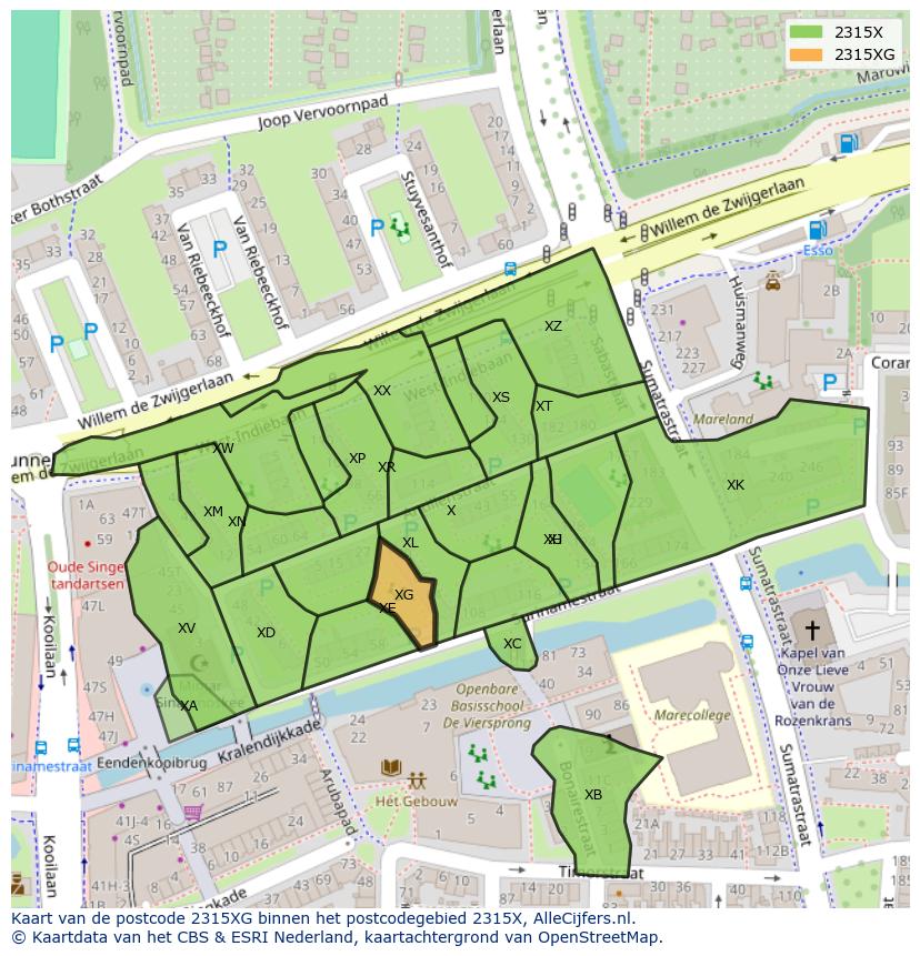 Afbeelding van het postcodegebied 2315 XG op de kaart.