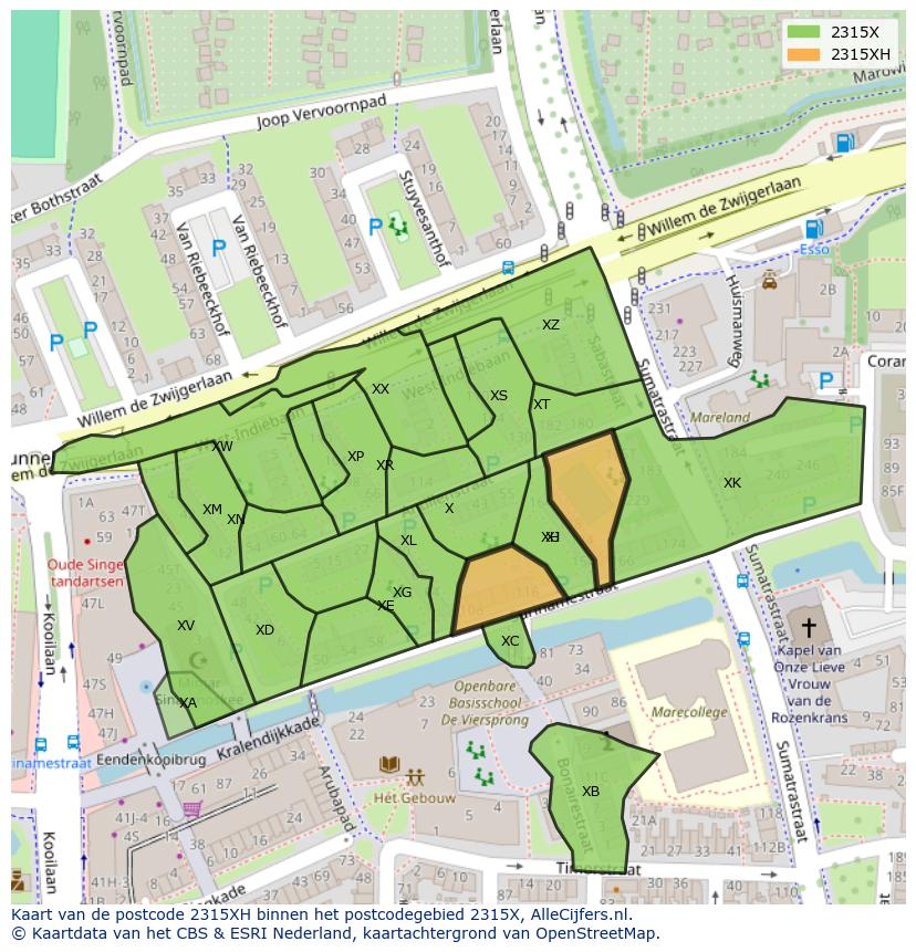 Afbeelding van het postcodegebied 2315 XH op de kaart.