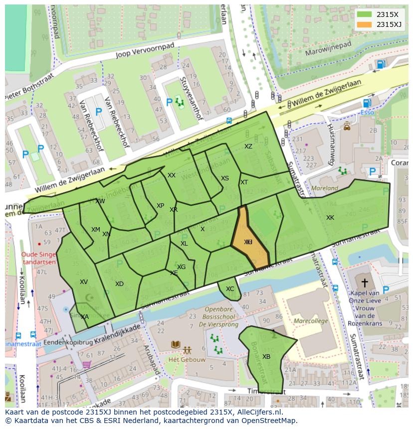 Afbeelding van het postcodegebied 2315 XJ op de kaart.