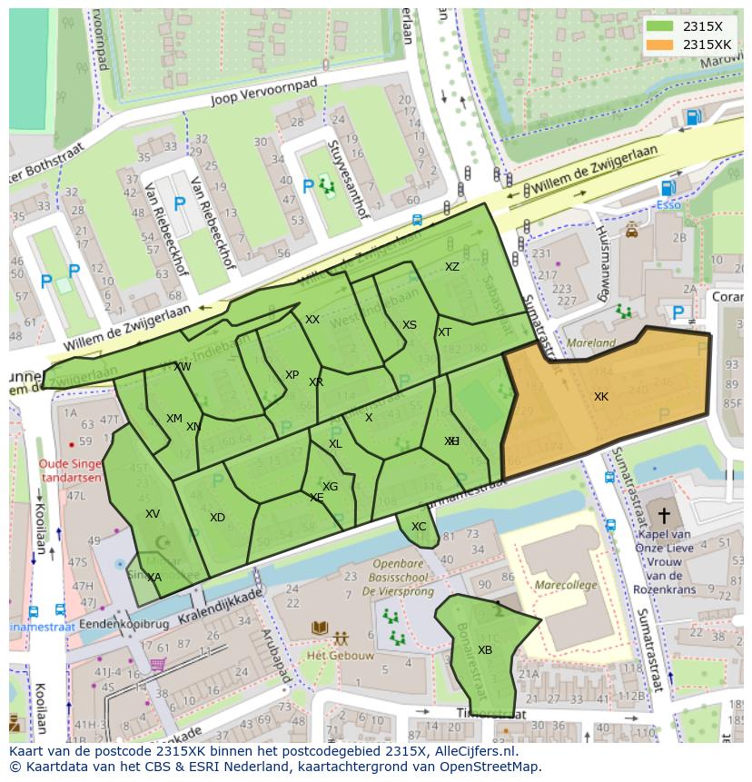 Afbeelding van het postcodegebied 2315 XK op de kaart.