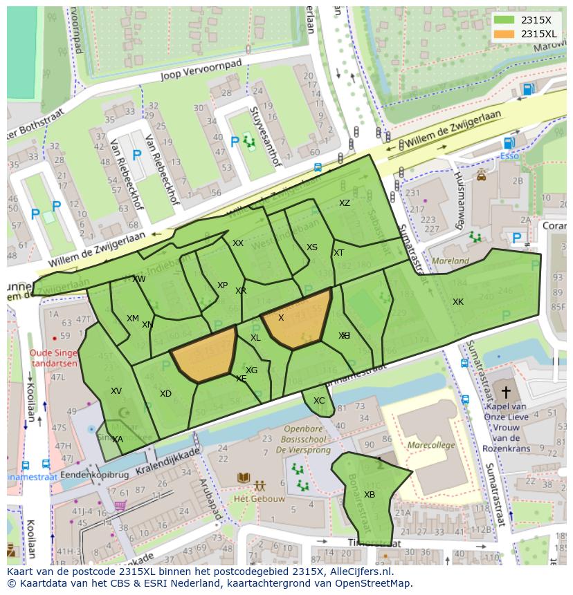 Afbeelding van het postcodegebied 2315 XL op de kaart.