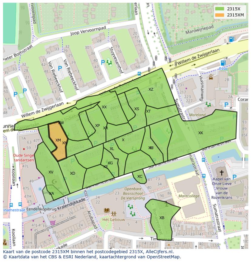 Afbeelding van het postcodegebied 2315 XM op de kaart.