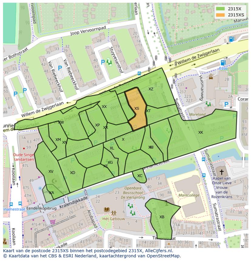 Afbeelding van het postcodegebied 2315 XS op de kaart.