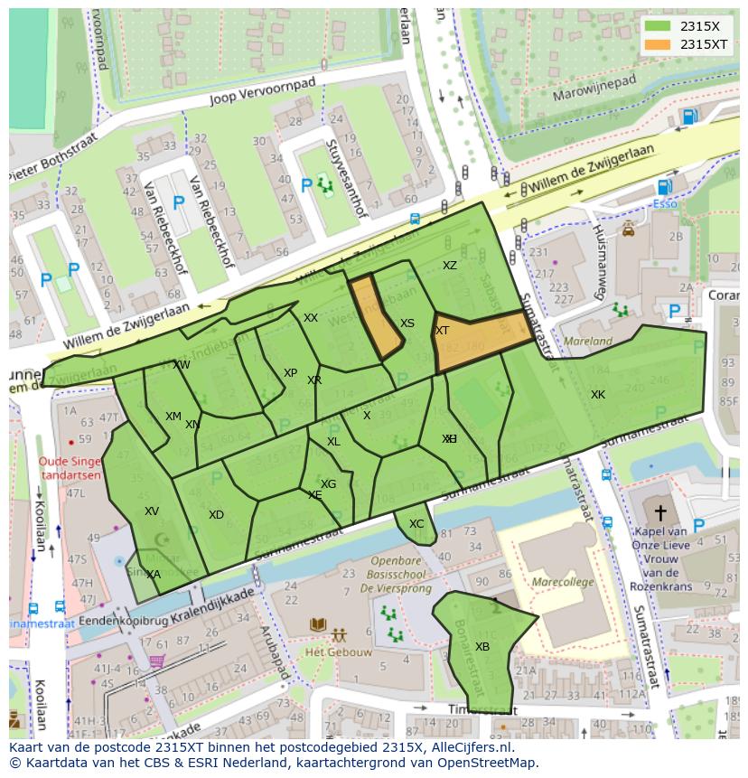 Afbeelding van het postcodegebied 2315 XT op de kaart.