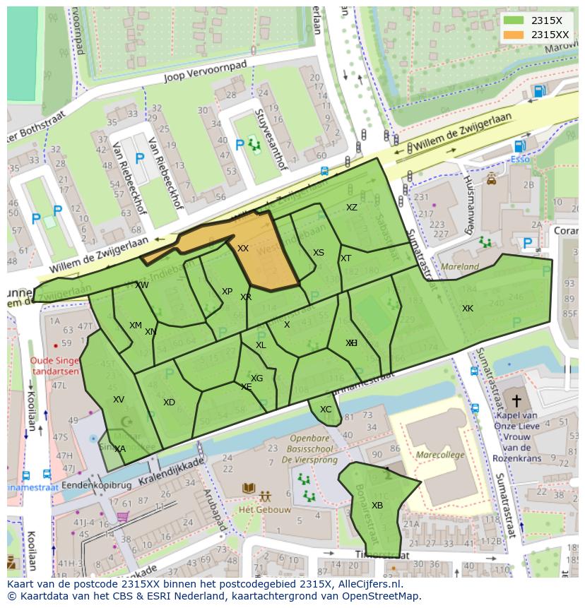 Afbeelding van het postcodegebied 2315 XX op de kaart.
