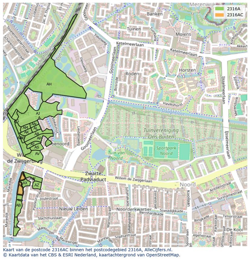 Afbeelding van het postcodegebied 2316 AC op de kaart.