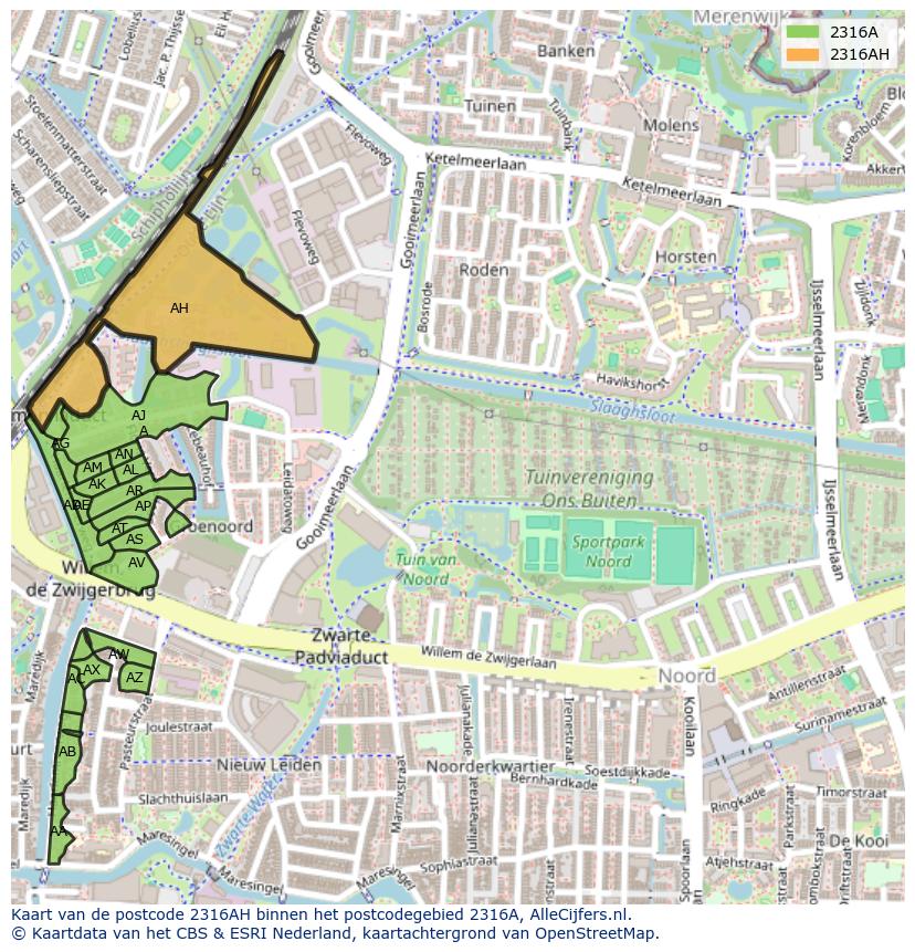 Afbeelding van het postcodegebied 2316 AH op de kaart.