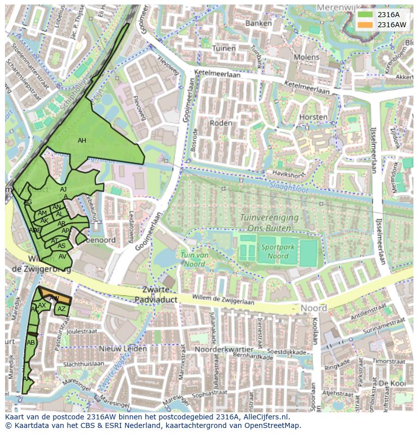 Afbeelding van het postcodegebied 2316 AW op de kaart.