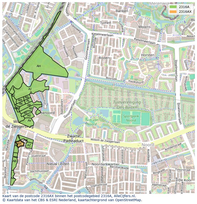 Afbeelding van het postcodegebied 2316 AX op de kaart.