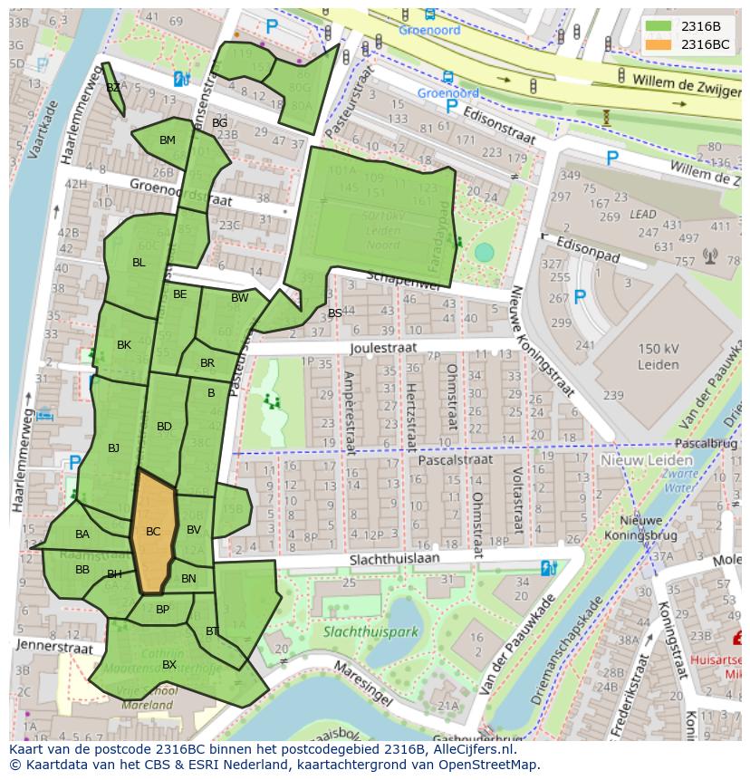 Afbeelding van het postcodegebied 2316 BC op de kaart.