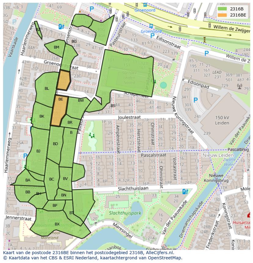 Afbeelding van het postcodegebied 2316 BE op de kaart.