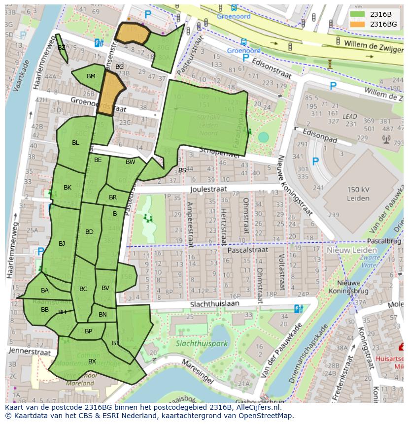 Afbeelding van het postcodegebied 2316 BG op de kaart.