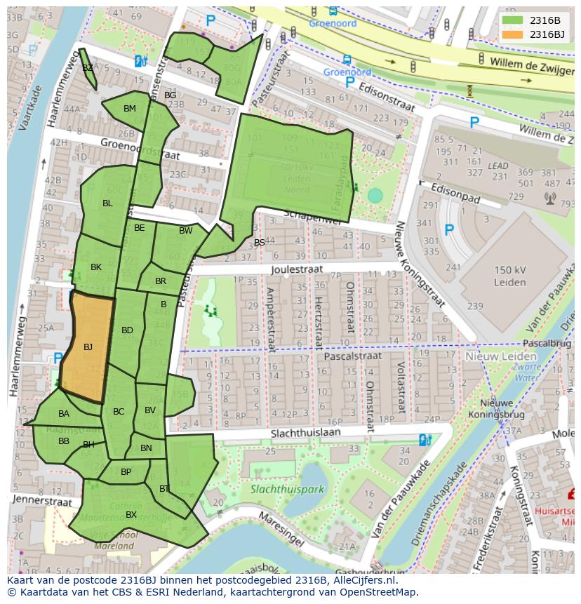 Afbeelding van het postcodegebied 2316 BJ op de kaart.