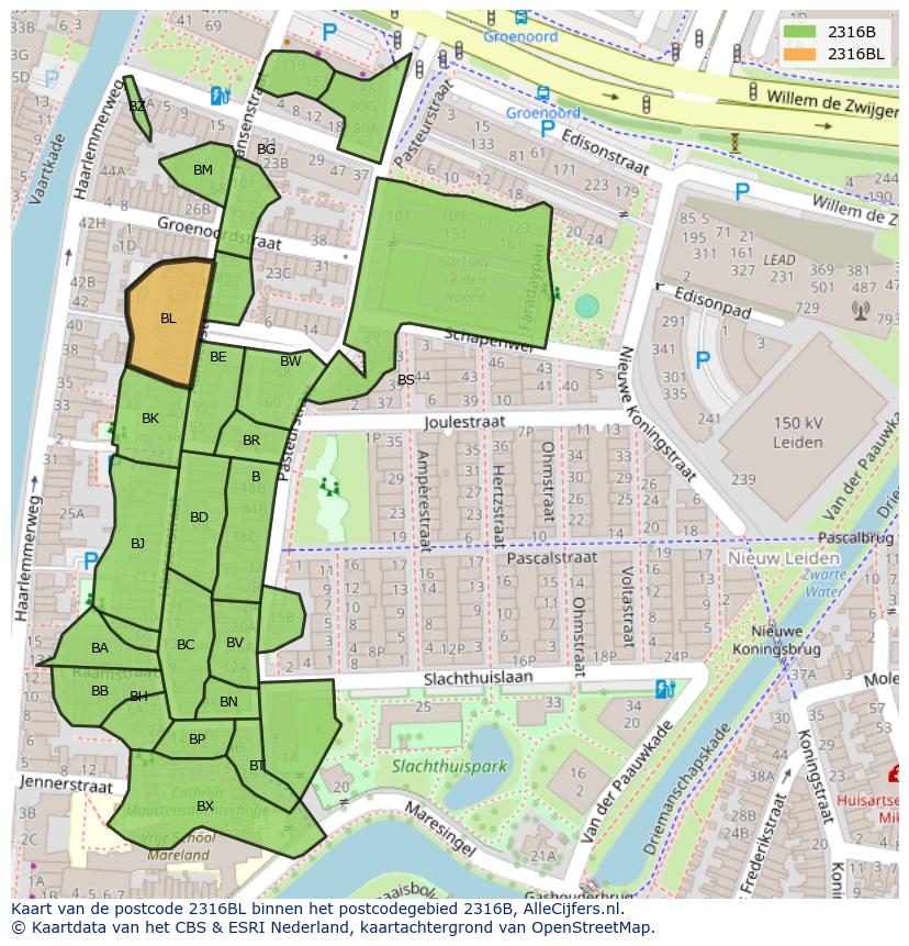Afbeelding van het postcodegebied 2316 BL op de kaart.