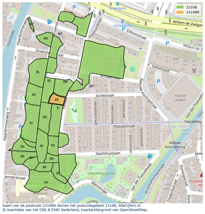 Afbeelding van het postcodegebied 2316 BR op de kaart.
