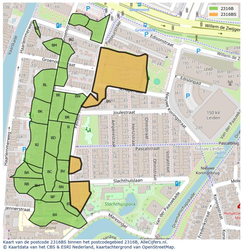 Afbeelding van het postcodegebied 2316 BS op de kaart.