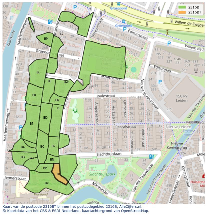 Afbeelding van het postcodegebied 2316 BT op de kaart.