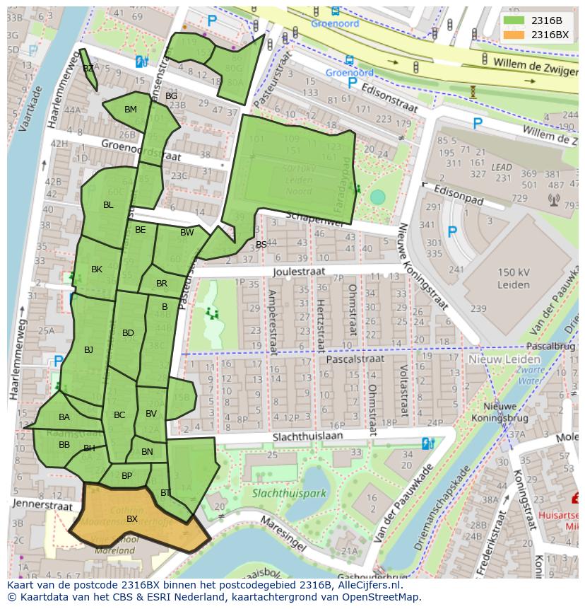 Afbeelding van het postcodegebied 2316 BX op de kaart.
